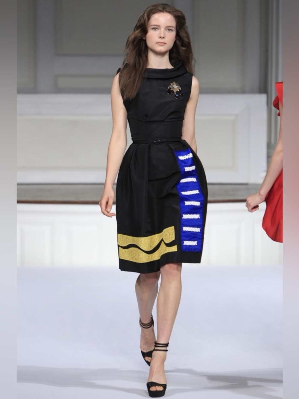 Oscar de la Renta Black Silk Midi Dress with Yellow and Blue Graphic Trim